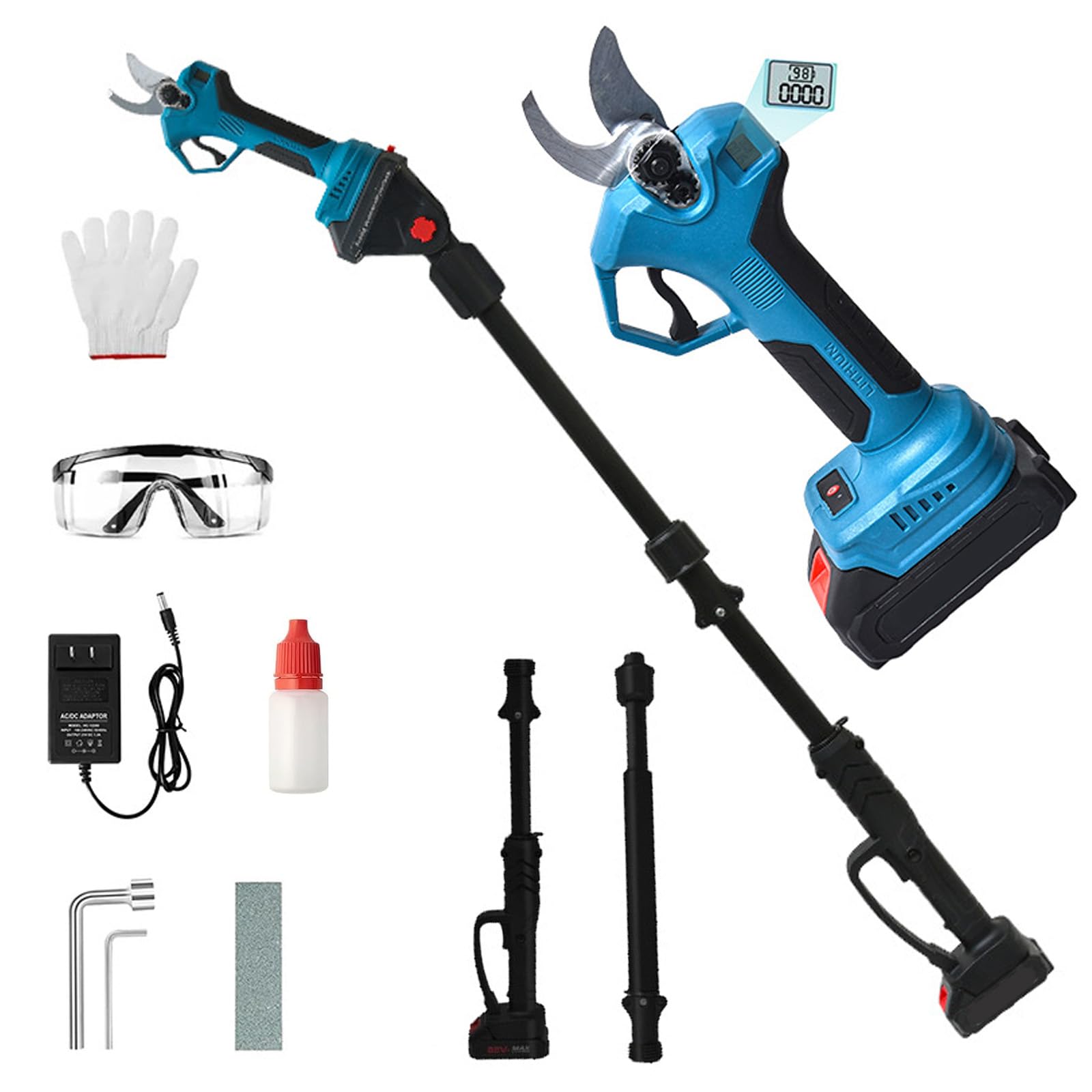 30 mm Schnurlose Gartenschere mit Verlängerungsstange, Gartenwerkzeug Set mit 4000mAh Batterien, Elektrische Gartenschere Kompatibel mit Makita 18 V, 4 m Gesamtreichweite, 30mm Schnitt