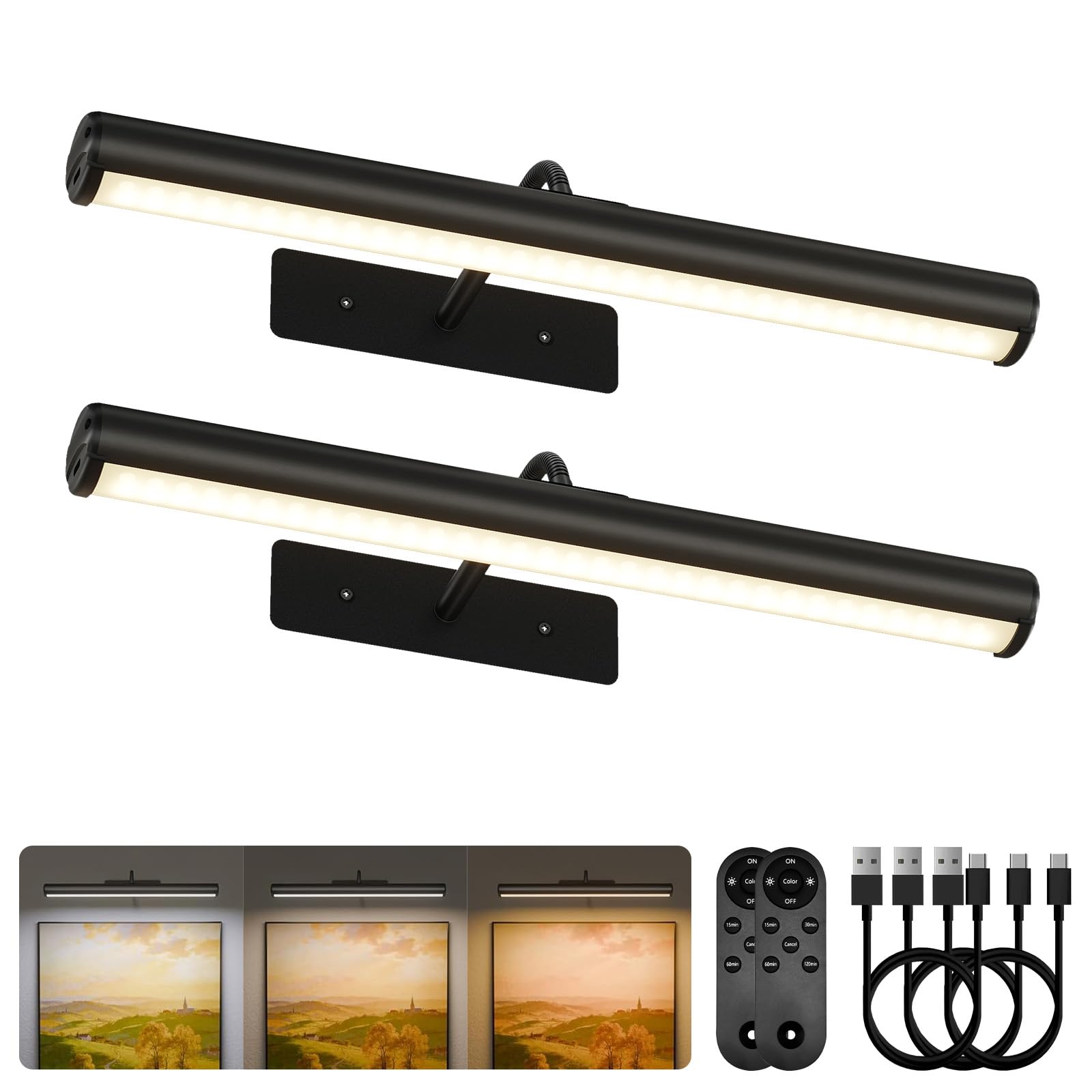 Photo 1 of **NO BATTERIES TO TEST FUNCTION** EZVALO 16in Picture Lights for Wall, Rechargeable 6000mAh Cordless Art Lights with Remote, 3 Color Temperatures LED Painting Lights for Artwork, Frames, Gallery (Black, 2Pack)