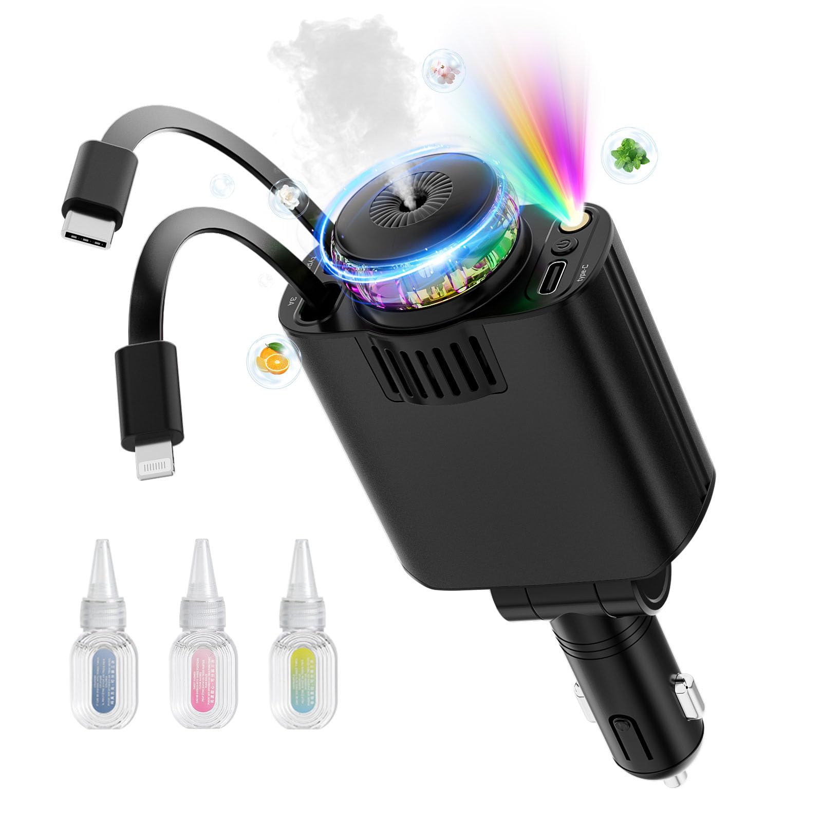 Retractable Car Charger with Aromatherapy and Starlight, 5 in 1 USB C Car Charger for iPhone 16 15 14 13 12 11, Fast Charging Compatible with iPhone Android (Black)