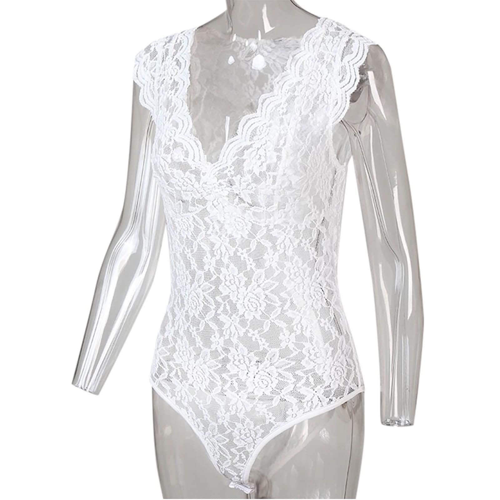 Lingerie rétro pour femme - Chemise sexy en dentelle transparente - Coupe étroite - Grande taille - Manches courtes - Col en V profond - Bordure tempérament - Col profond - Lingerie de mariage