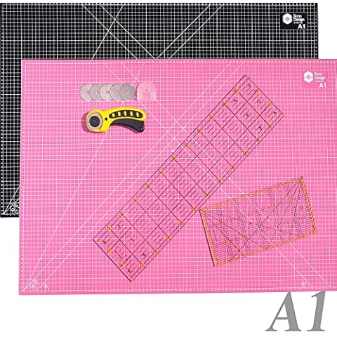 45 mm Rollschneider Set inkl. Schneideunterlage A1 90x60cm 5-Lagig + 5x Ersatzklingen + 2x Patchwork-Lineal Premium Stoffschneider selbstheilend Schneidematte im A1-Format Rosa/Schwarz Starter Set Cover