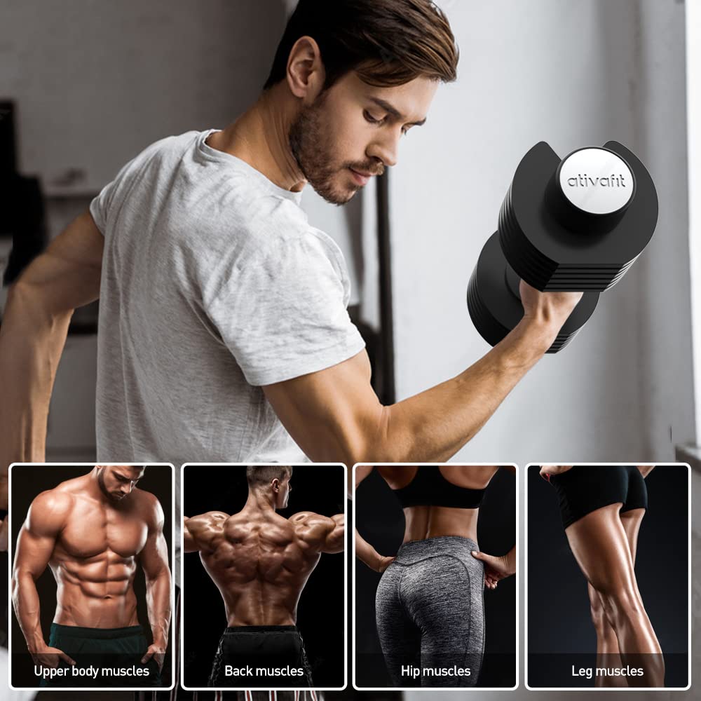 Ativafit Dumbbell Set Adjustable Dumbbell Set 44-66 LBS - 12-in-1 Quick ...