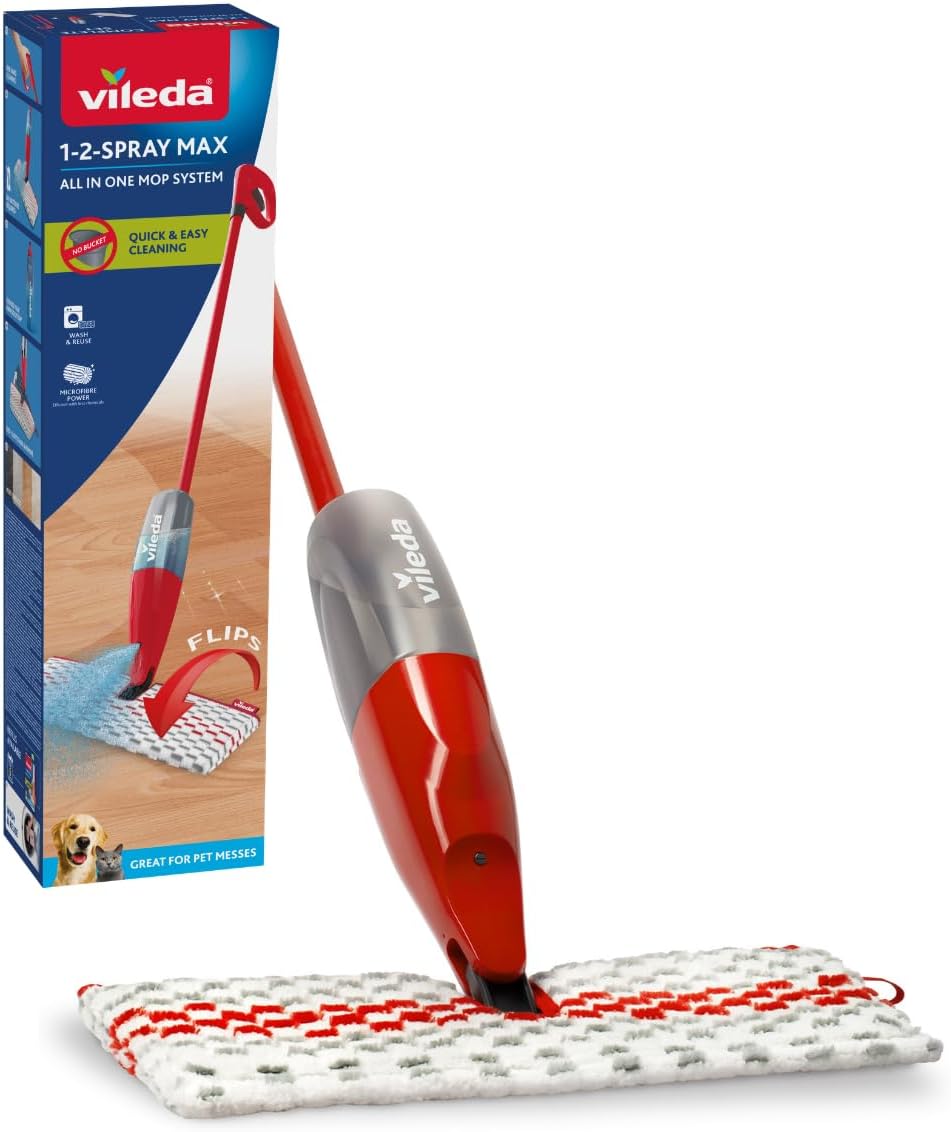 Vileda 1 2 Spray Max Mop 650 Ml, Microfibre With Sprayer, Clean Floors Without a Bucket, Suitable for All Types of Flooring, Reusable Pad, Red, 1 Count