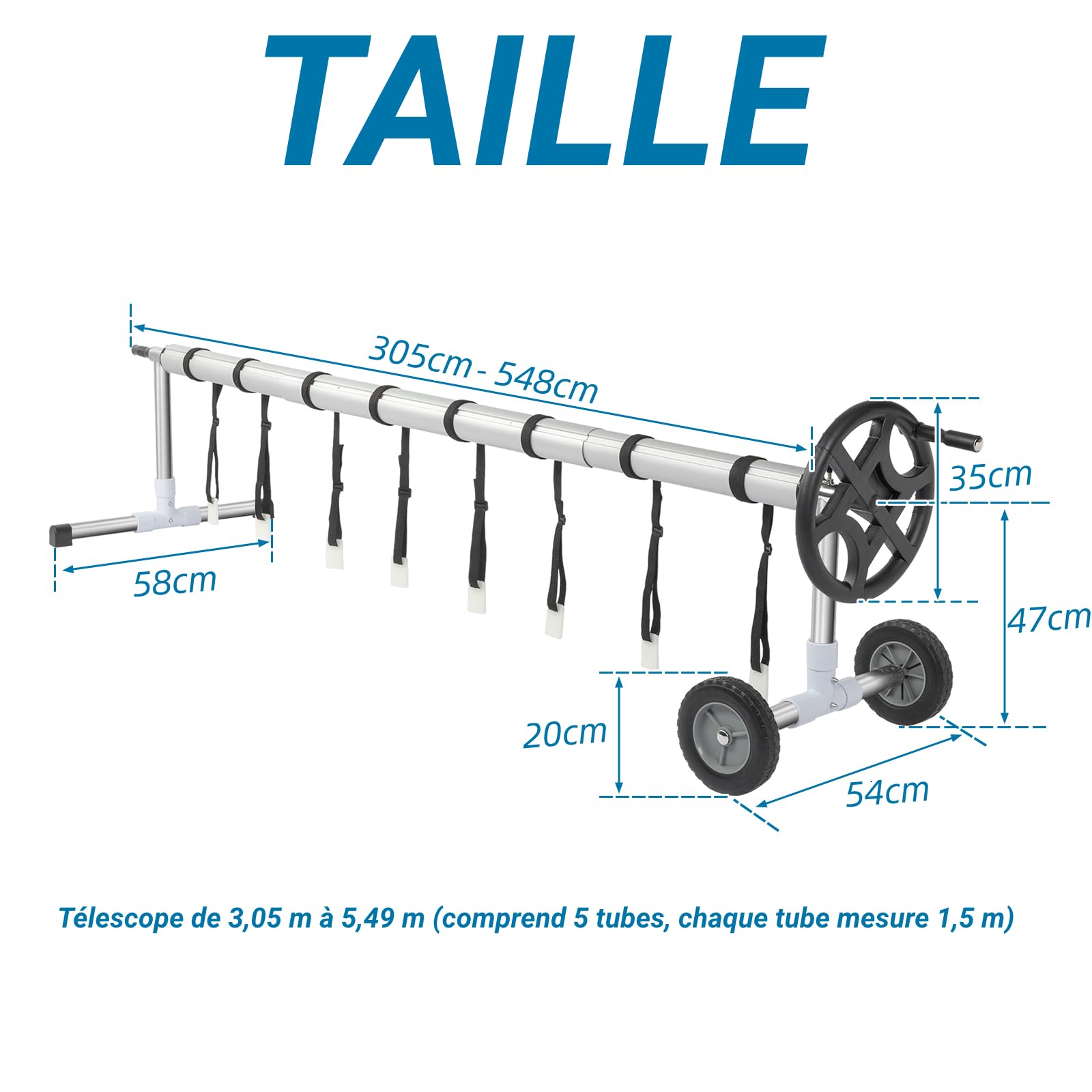 LEADZM Enrouleur de Bâche de Piscine 3,6-5,5m,Professionnel en Aluminium Premium,Système d'enroulage pour Bâche Solaire,Télescopique Enrouleur Mobile,avec Roues Pleines,Argent Noir