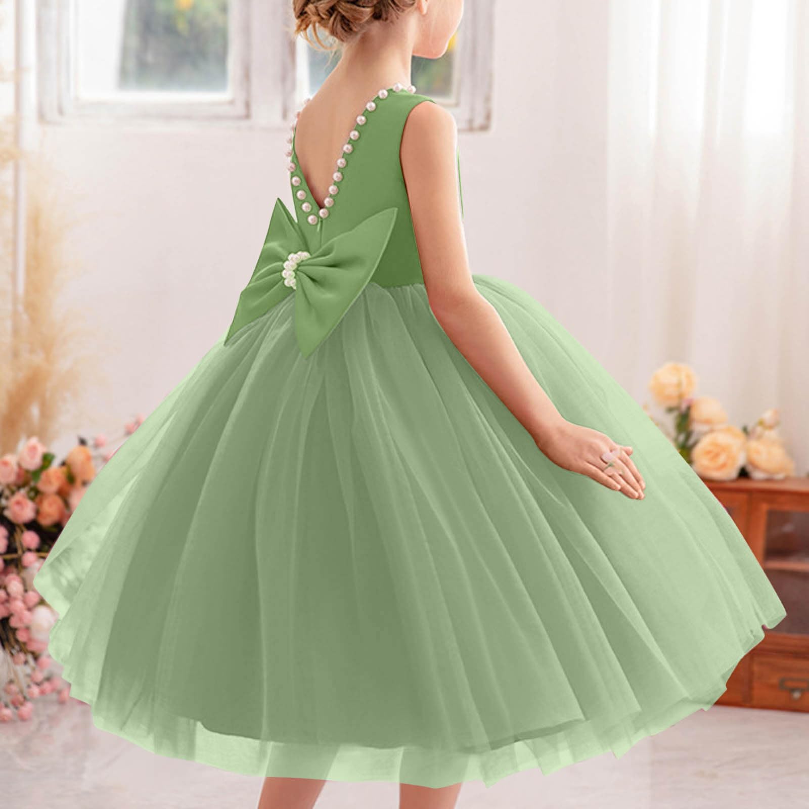Vestido Invitada Boda para Niña Cuello Redondo Adornado con Perlas Vestidos Sin Mangas de Tul Cintura Alta Línea A Elegante Vestido Princesa para Boda Fiesta de Cumpleaños Comunión Noche 4-12 Años