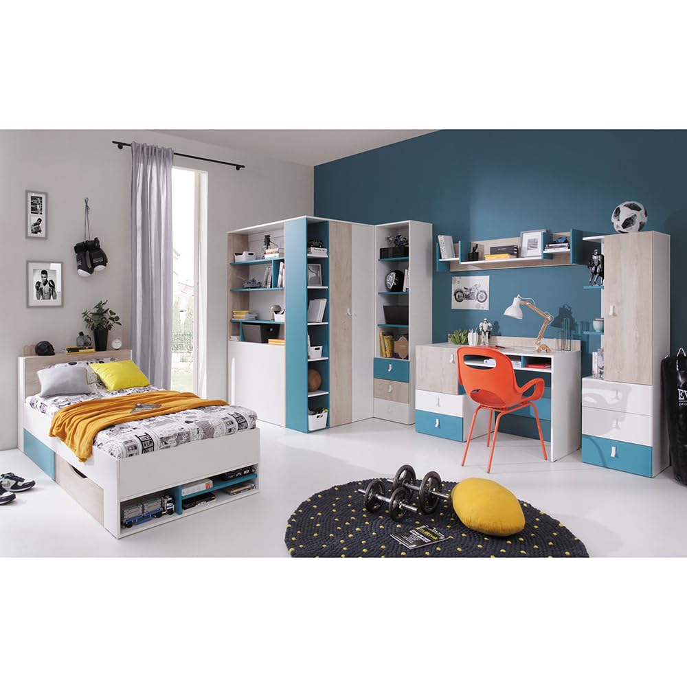Lomadox Jugendzimmer Begehbarer Kleiderschrank in weiß Eiche blau