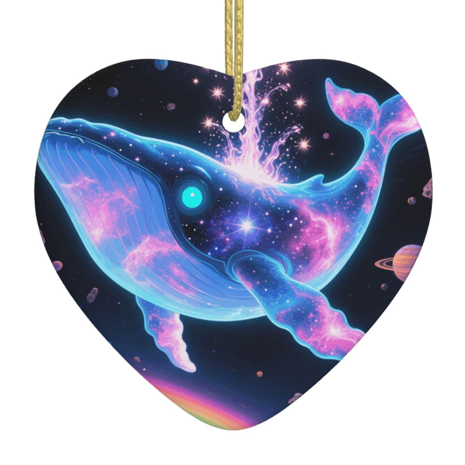 Sci-Fi Whale Christmas Ornament 2025 Heart Ceramic Hanging Ornaments for Home Decor Christmas Decorations with Gold Rope Double-Sided Xmas Tree Ceramic Hanging for Holiday Party