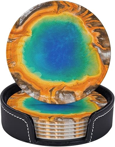 Grand Prismatic Spring Yellowstone - Posavasos para bebidas con soporte, posavasos redondos de cuero, juego de 6, adecuados para tipos de tazas,
