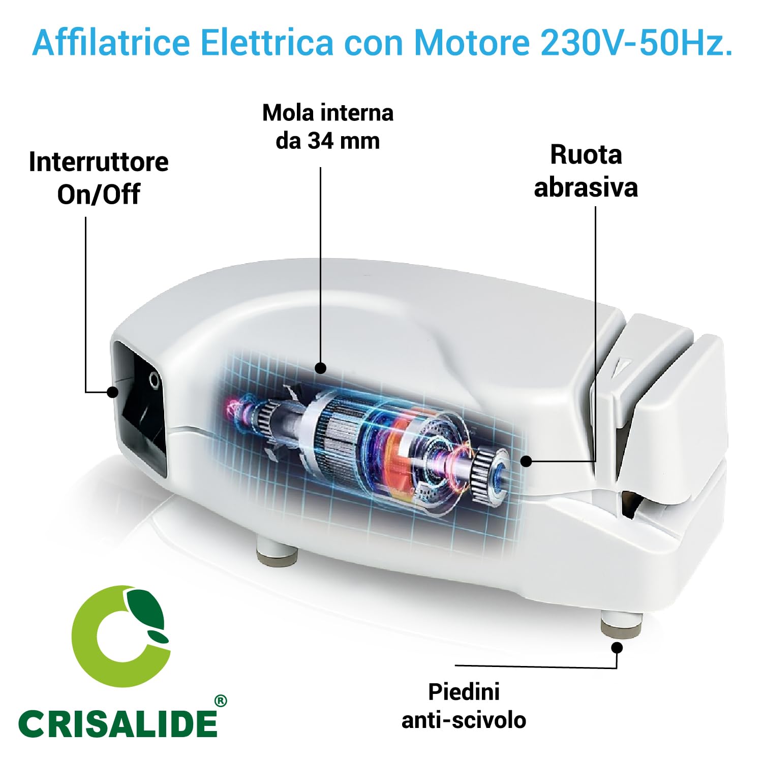 Crisalide® - Affilatrice Elettrica per Coltelli e Forbici 230V – Affilacoltelli da Cucina con Ruota Abrasiva e Mola Interna 34 mm – Compatta, Precisa e Facile da Usare