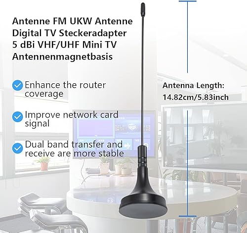 Miniatura 5 de Antena DVB-T HDTV para Smart TV - Antena digital interior de 5dBi con base magnética, conector macho, VHF UHF Mini, cable coaxial RG174 de 4.9