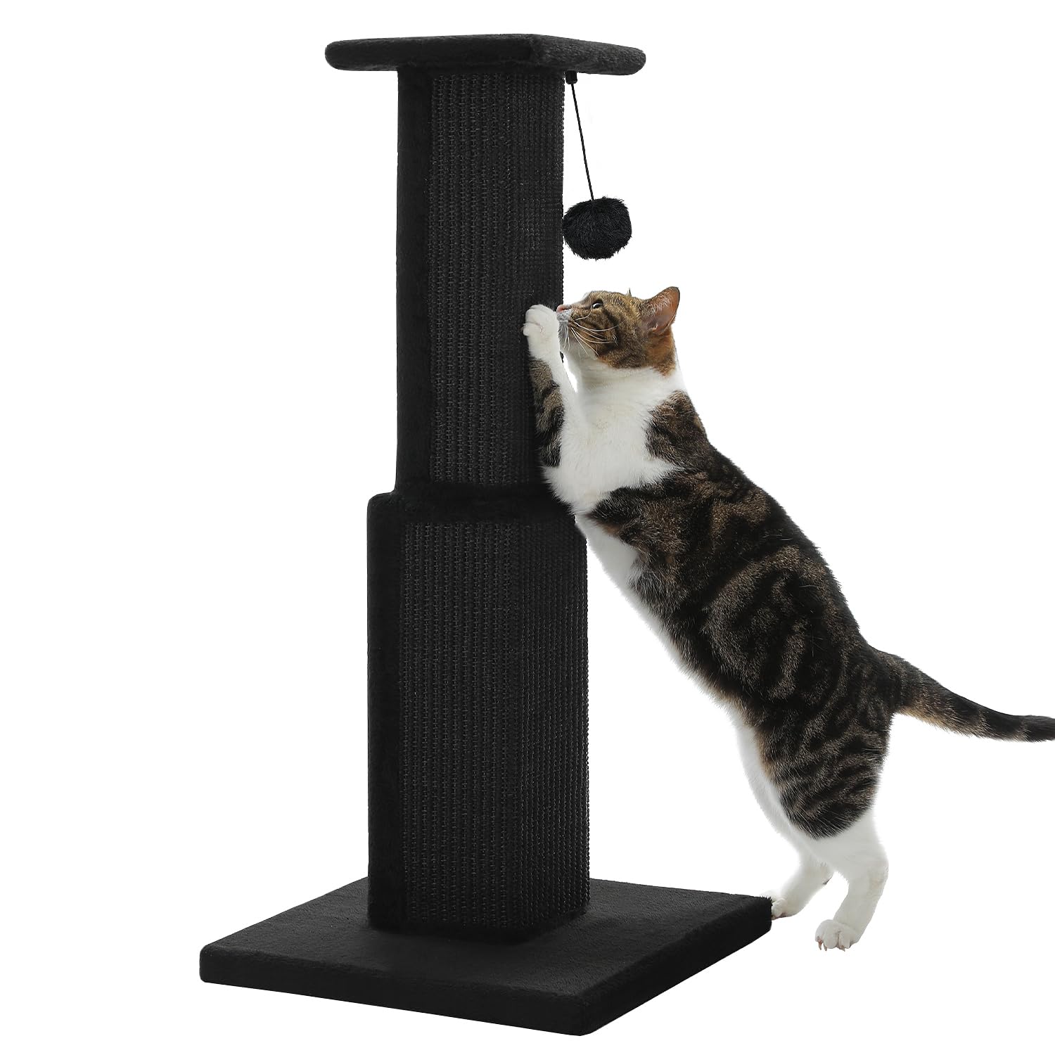 PAWZ Road Large Cat Scratching Post 32” Tall Black Scratching Post for Indoor Cats Adults Ultimate Scratch Post with Woven Sisal, Large Base and Removable Dangling Ball- Black