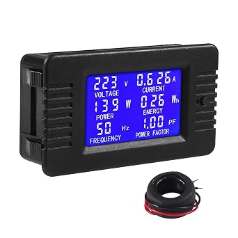 AC Digital Meter, AC 80-260V 100A LCD Display Digital Current Voltage Power Energy Frequency Power Factor Multimeter Ammeter Voltmeter 100ASolid Core Current Transformer