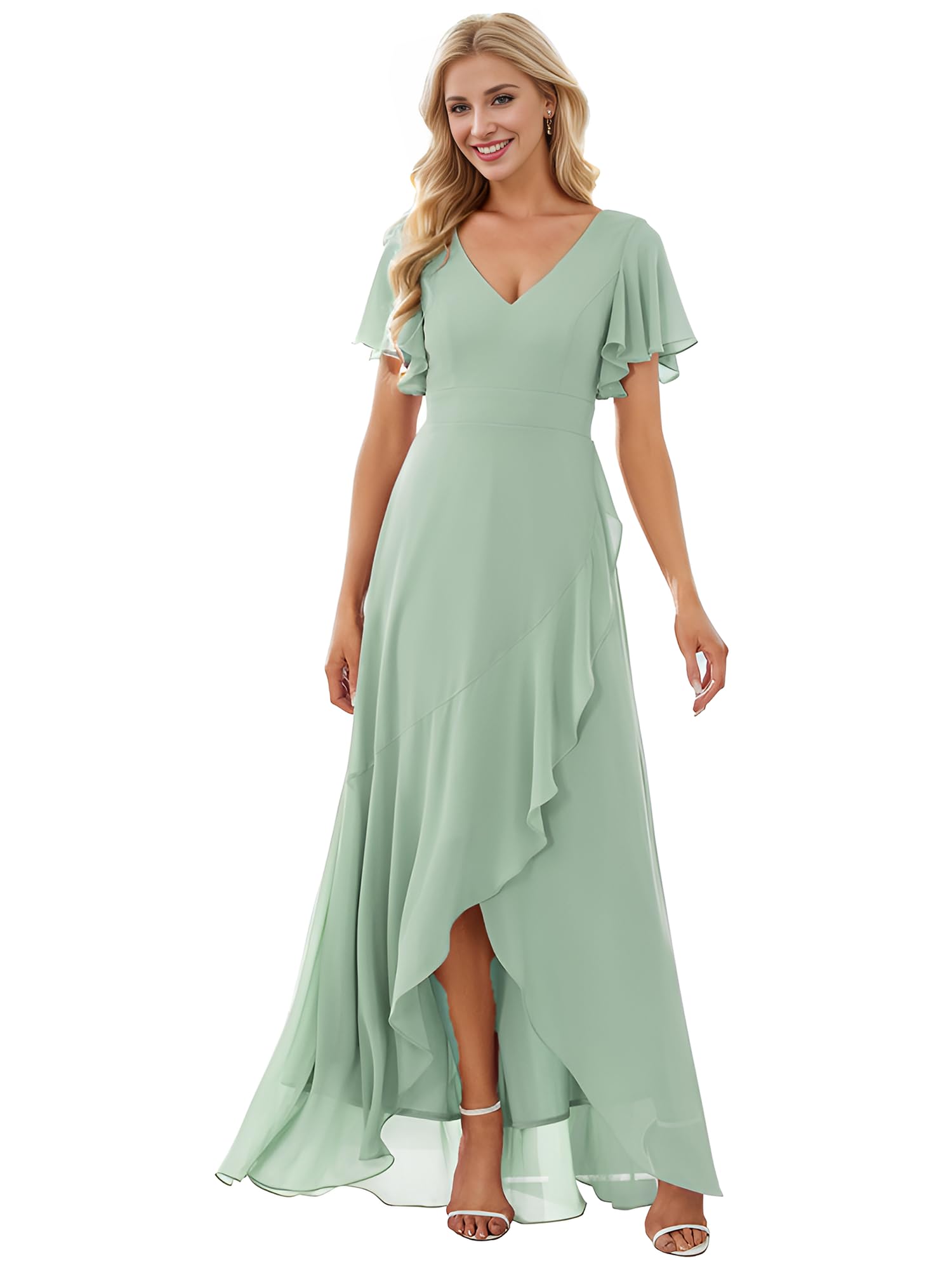 Snapklik.com : Womens Double V Neck A Line Ruffle Hem Backless High Low Chiffon  Bridesmaid Dresses Vestidos Elegante Mint Green US04