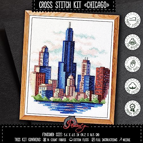 Image of Povitrulya Counted Cross Stitch Kit for Adults inchChicago inch - Chi-Town Cityscape Hand Embroidery Set with Pattern, 14-Count Aida Cloth and Pre-Sorted Cotton Threads