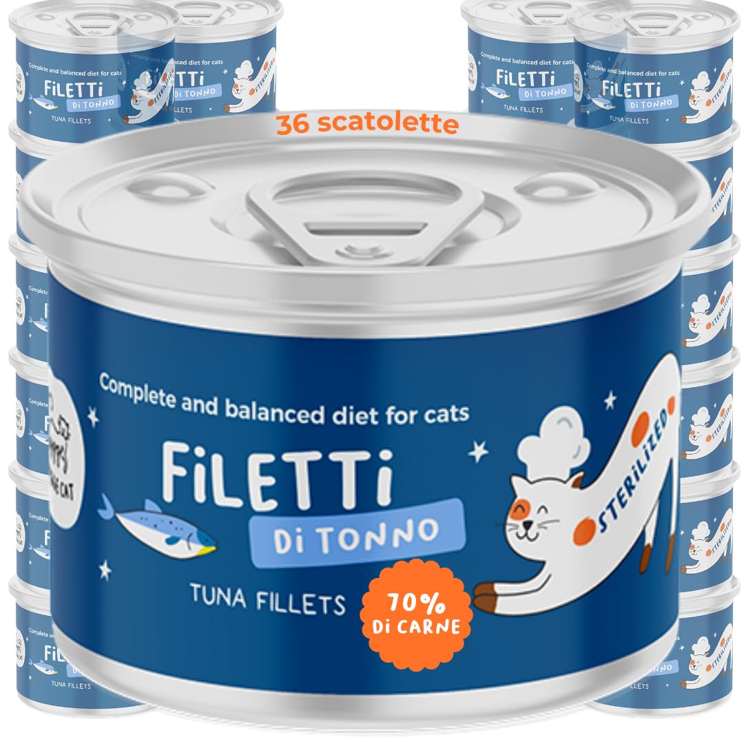 Filetes de atún al 70% | Comida húmeda para gatos sin granos con omega 3 y 6 | Cajas de gato 36 x 70 g naturales | Comida para gatos completa sin cereales | Fabricado en Italia | Hygge Cat