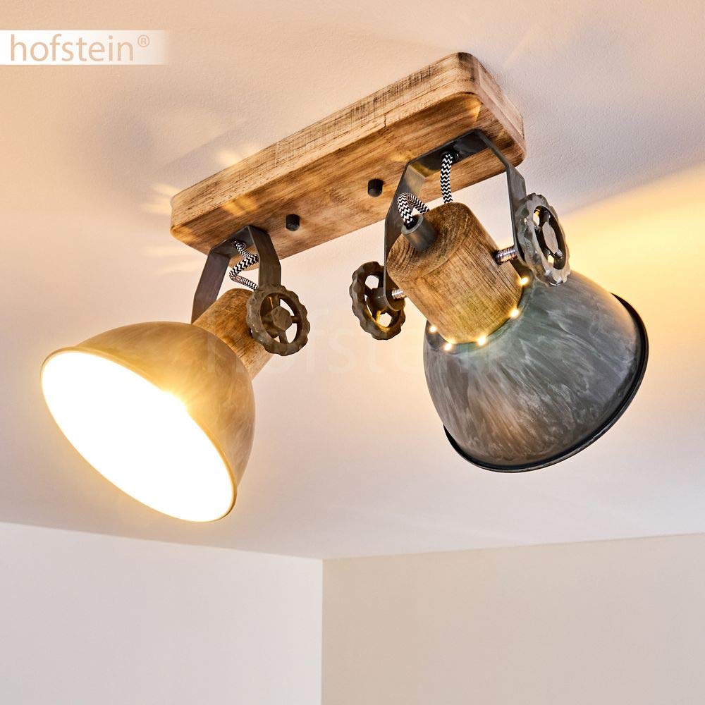 Plafoniera Orny, 2 luci, con faretti regolabili, lampada da soffitto in metallo/legno in grigio/bianco/marrone, 2 x attacco E27, faretto dal design retrò/vintage, senza lampadina/e