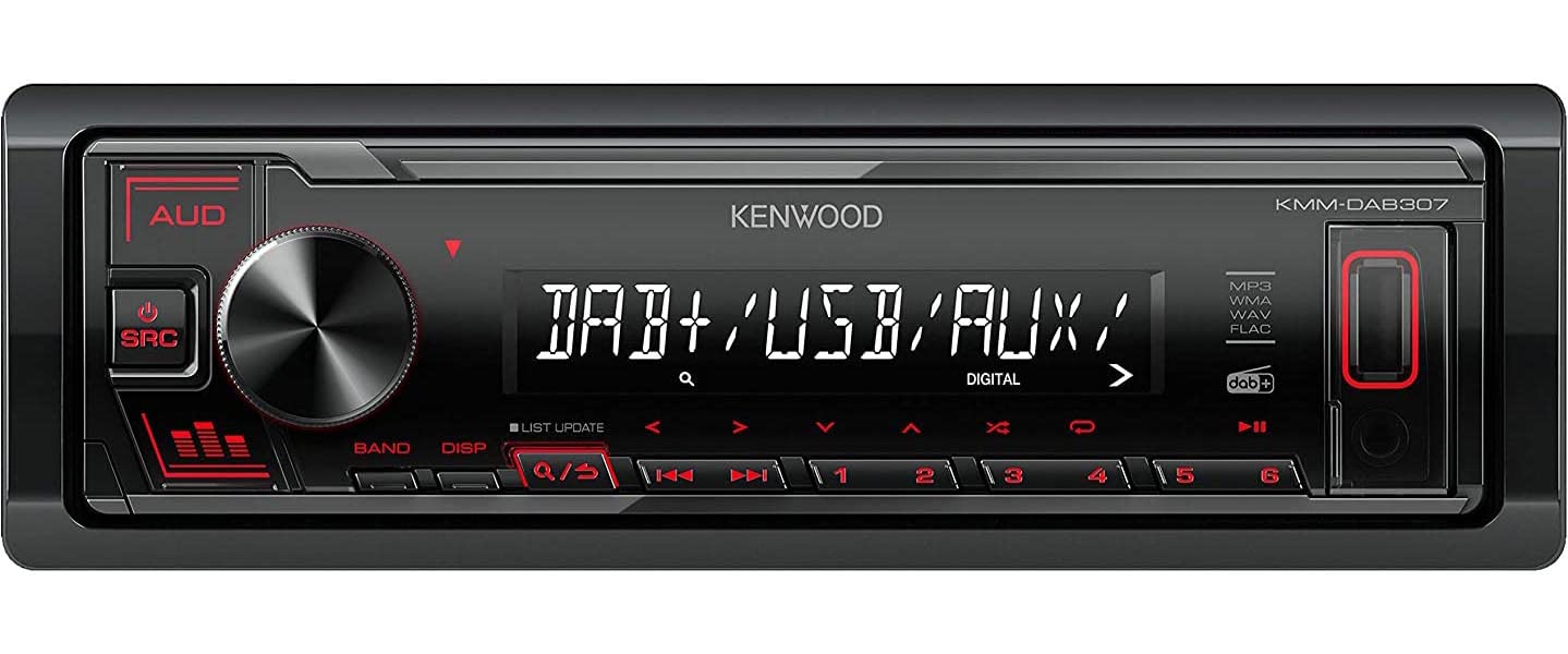 Kenwood Autoradio KMM-DAB307 con DAB+, Ingresso USB/AUX Frontale, con Frontalino Estraibile, Allineamento Temporale degli Altoparlanti, Compatibilità con Comandi a Volante, Ingombro Ridotto, Rosso