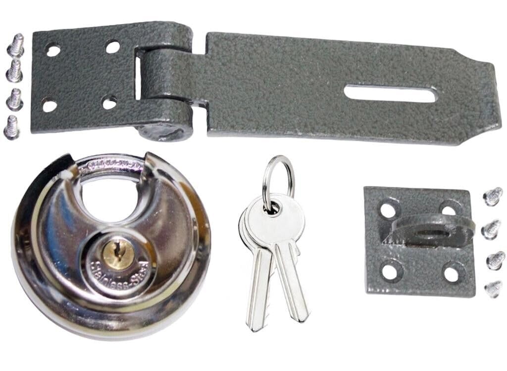 Heavy Duty Security Set Hasp and Staple 70mm Disc Round Padlock 2 Keys