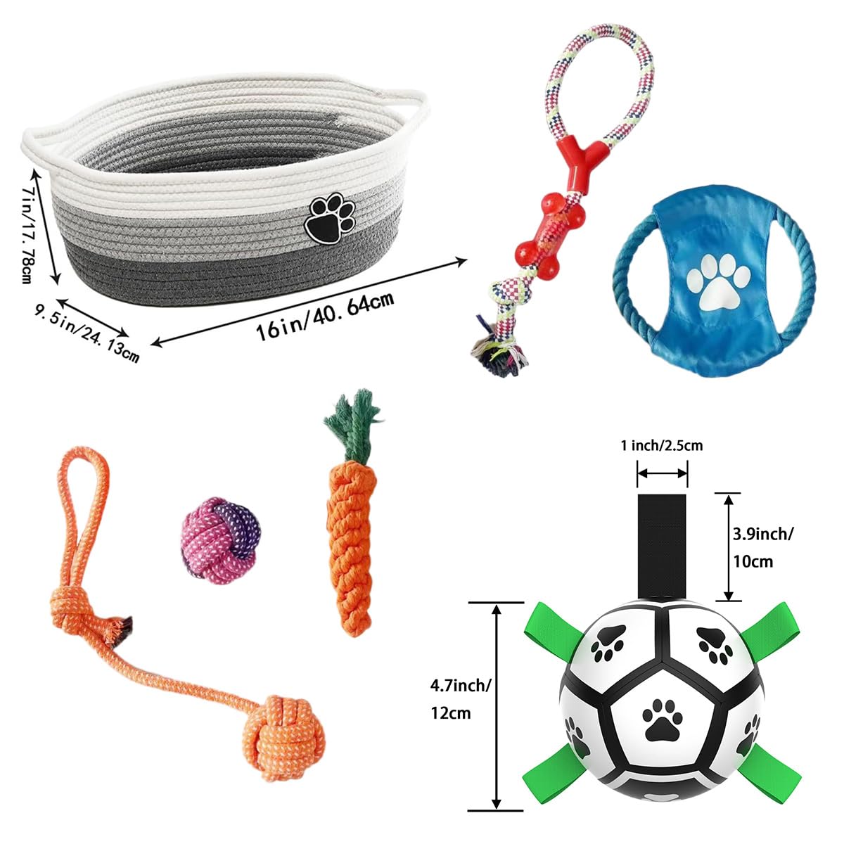 7 Pcs Puppy Dog Toys Storage Basket Set Dog Gift Chew Toys for Teething Squeaky Plush Duck Rope Woven Basket with Handles for Small Puppy