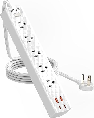 Regleta protectora contra sobretensiones con 5 salidas de CA (1875 W15 A), 4 puertos USB (2 USB C), cable de extensión ultrafino de 5 pies, enchufe