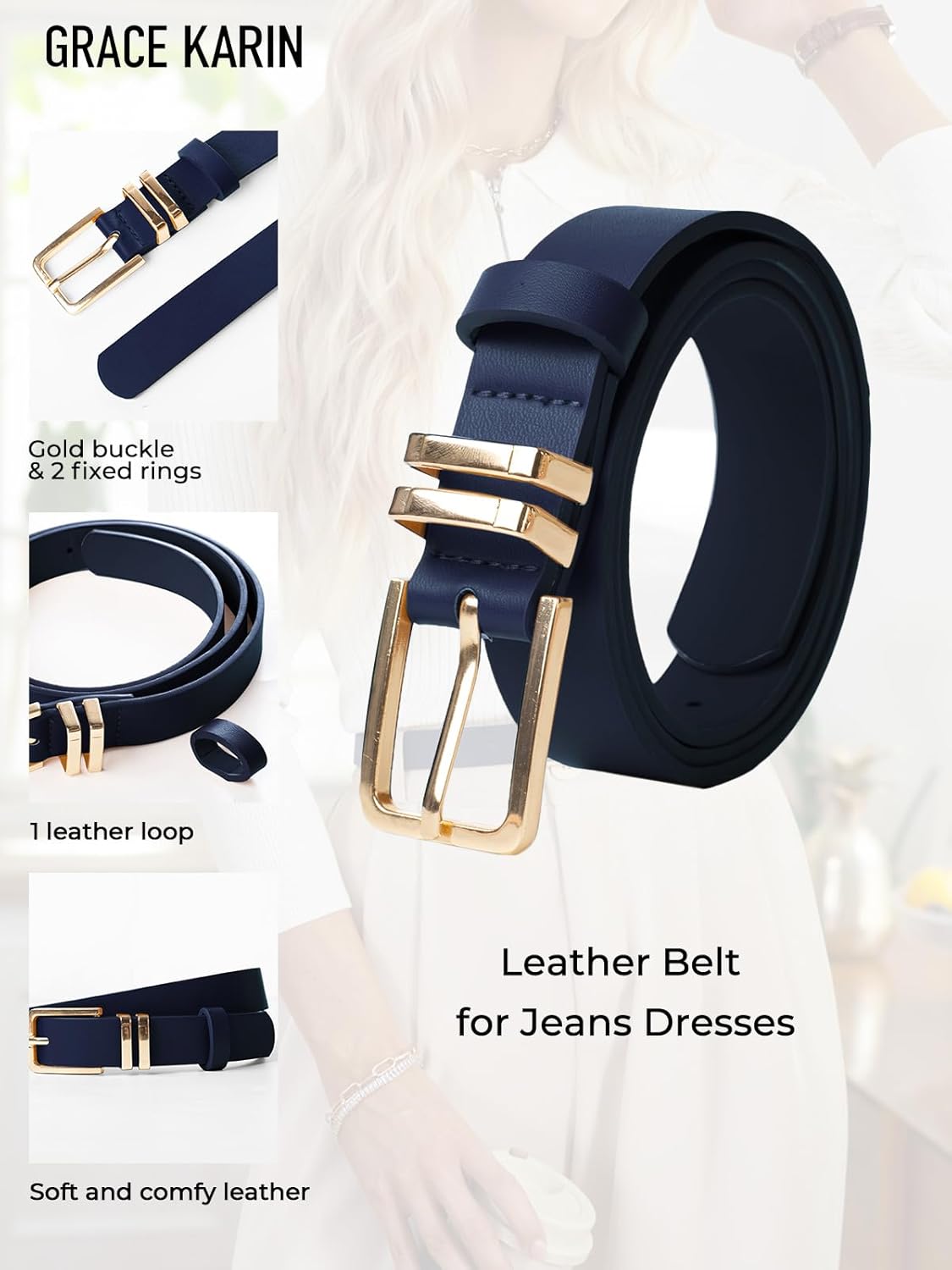 GRACE KARIN Women Leather Belt for Dresses Jeans Pants Waist Belt with Gold Buckle Medium PU Leather Belt - Image 4