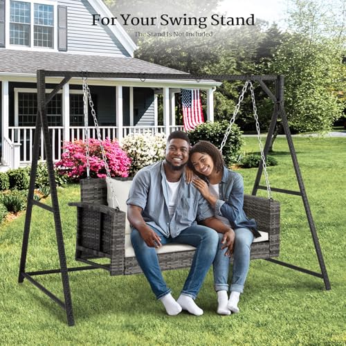 Image of VINGLI 4FT Wicker Swing, Rattan Porch Swing, Outdoor Hanging Seat, Grey