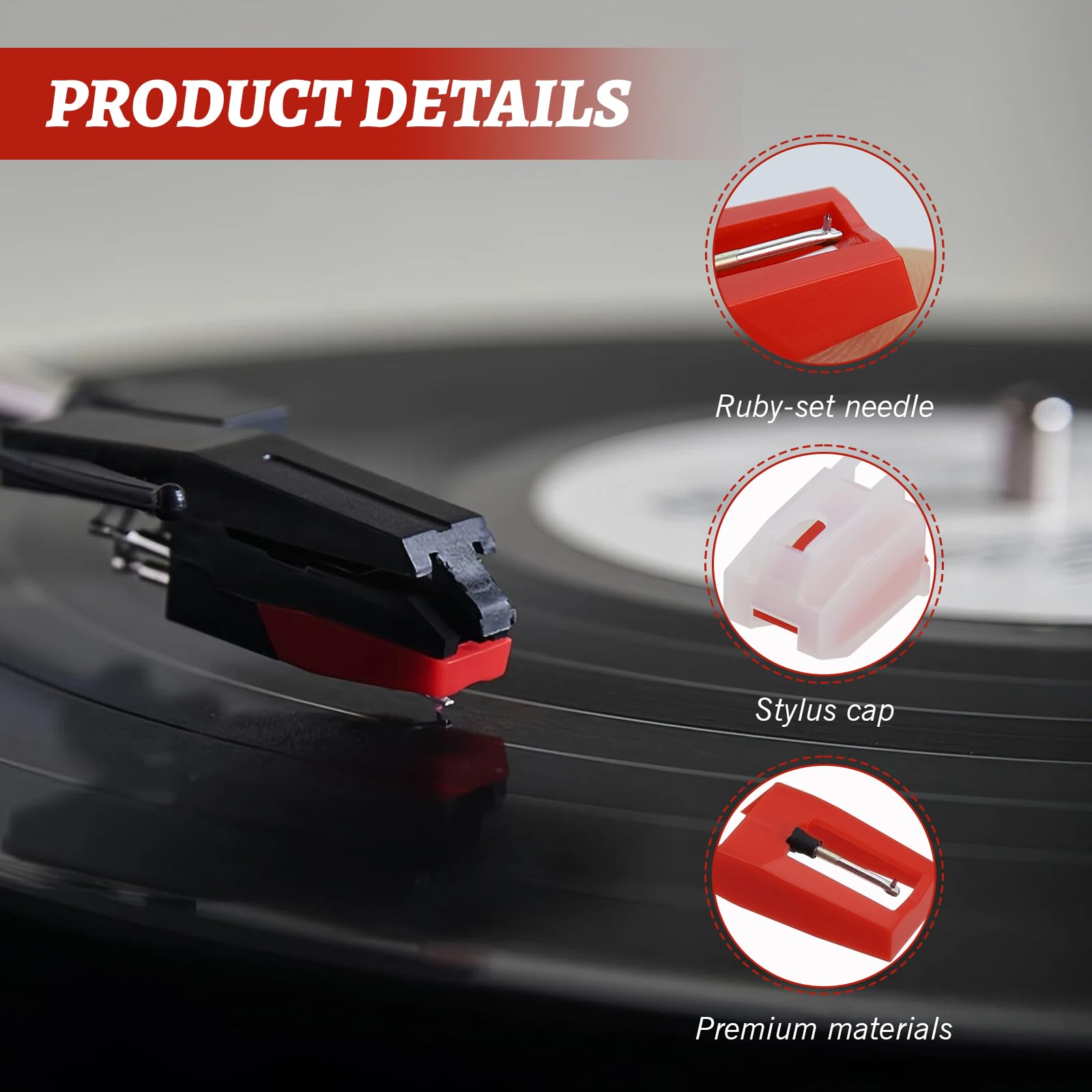 Aiguille Tourne Disque, Diamant Platine Vinyle, Saphir Platine Vinyle, Aiguille Diamant de Remplacement, Aiguille Tourne Disque Universel Platine pour Tourne Disque en Vinyle (Rouge) (4Pcs)