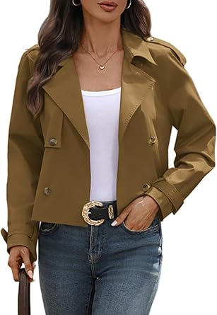 Womens Cropped Trench Coat Lapel Long Sleeve Button Down Crop Jacket Double Breasted Oversized Jacket
