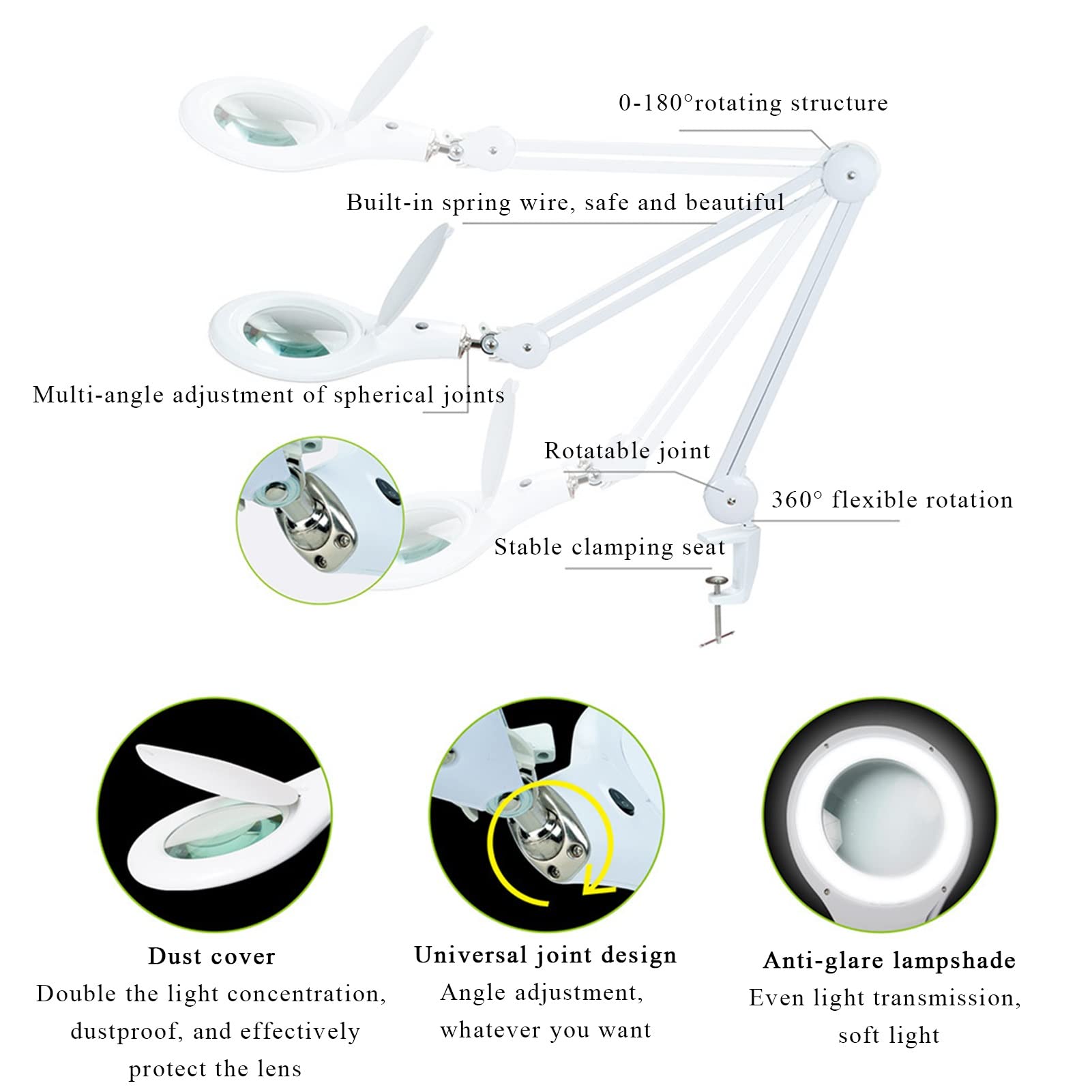 Lampa powiększająca LED, przyjazne dla oczu oświetlenie światłem dziennym 2,25-krotne szkło powiększające z regulowanym ramieniem obrotowym, lampa biurkowa z lupą do czytania rękodzieła quality goods