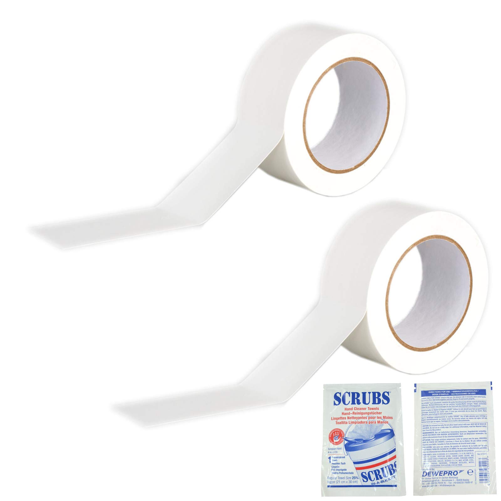 DEWEPRO 2 Stück ROCOL® EasyTape™ Markierungsband in Weiß 50mm x 33m - hoch belastbares, selbstklebendes PVC-Band - inkl. 2 Stück SingleScrubs Reinigungstuch