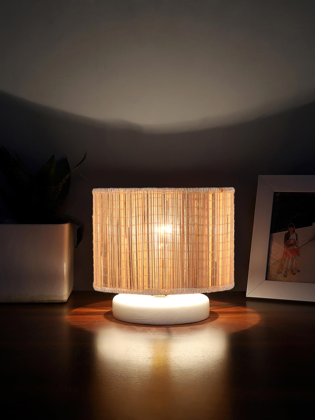 Devansh Round Bamboo Table lamp with White Wood Base -19 1
