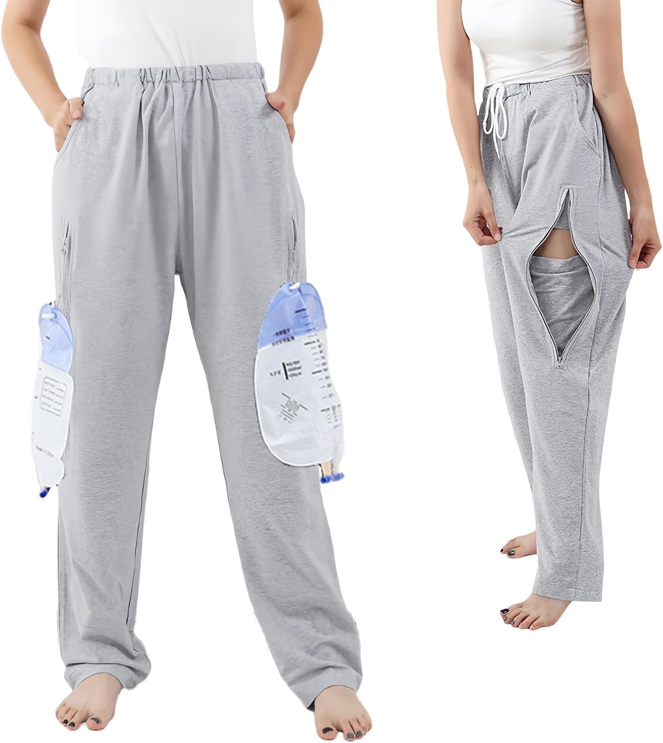 Unisex Incontinence Care Pants,Catheter Trousers,Double Zippered Pockets Holding 2000ml Catheter Bags, Urine Bag Holder Trousers for Nephropathy Nephrostomy,Cystostomy,Eelderly(Gray,M)