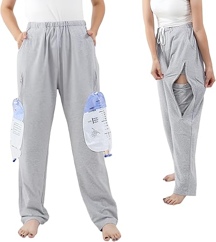 Miniatura 1 de Pantalones unisex para el cuidado de la incontinencia, pantalones de catéter, bolsillos con doble cremallera para bolsas de catéter de 67.6 fl oz,