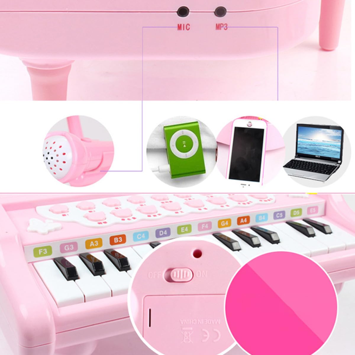 WOONEKY Pianoforte Elettronico Rosa Multifunzionale con Microfono Giocattolo Musicale Educativo per Tastiera con Regolazione Volume senza Batterie Stimola Interesse Musicale Precoce