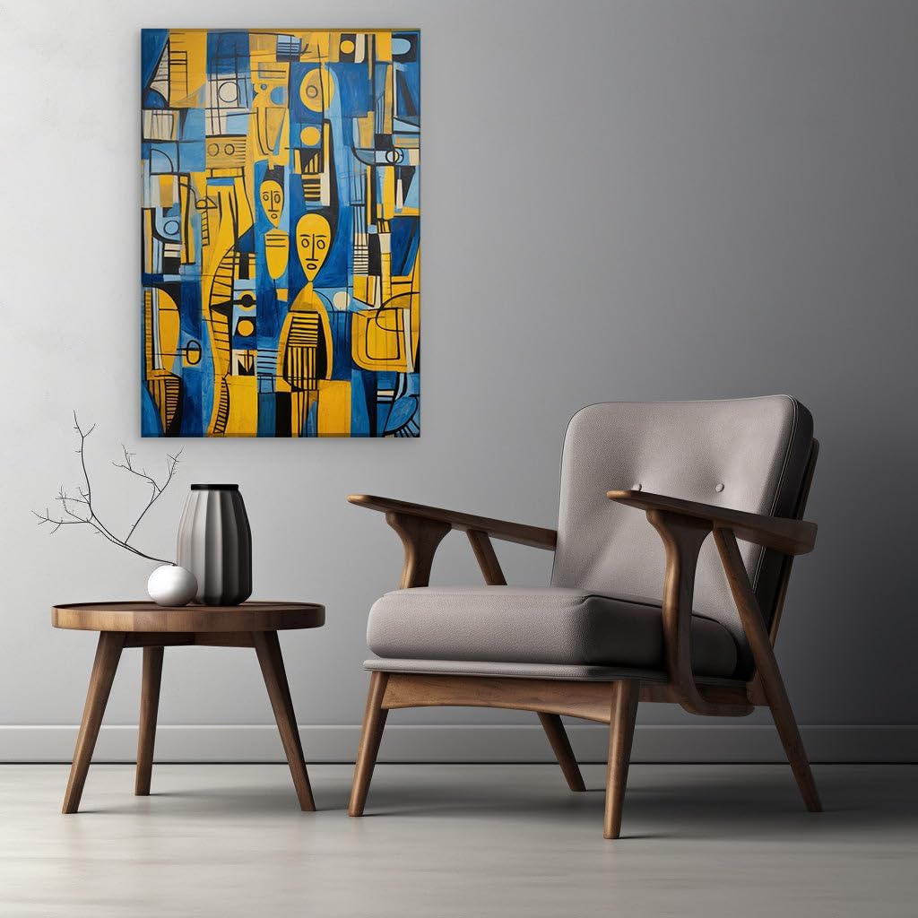 Canvas for Living room. Cubist Vision in Yellow and Blue A Dance of Geometry and Mystery, 27 x 18 inch Canvas Wall Art - Ready to Hang