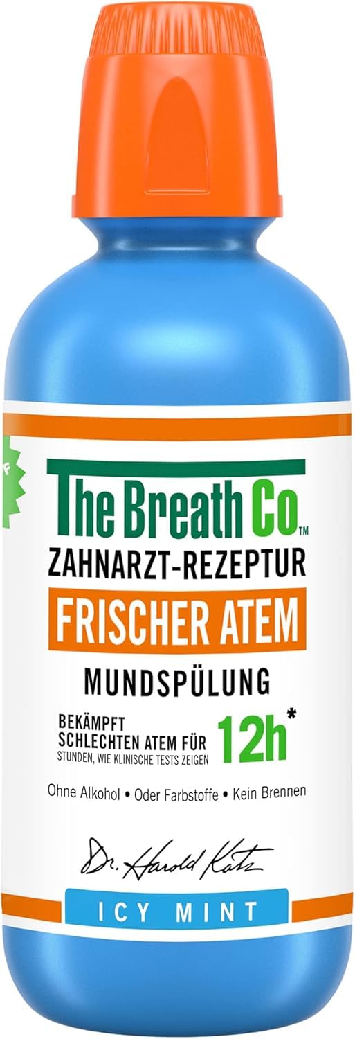 The Breath Co. Mundspülung (500ml), Zahnfleischpflege für bis zu 12 Stunden Frischer Atem, Antibakterielles Mundwasser für Zahnpflege gegen Mundgeruch, Alkoholfrei, Eis Minze