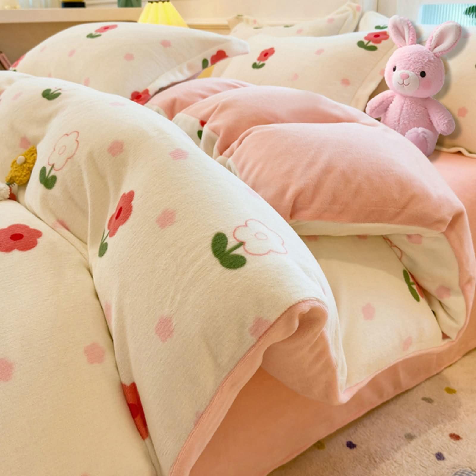 Juego de Funda Nórdica 4 Piezas para Cama 200, 220x240cm, Sabana Encimera 230x250cm, 2 Fundas Almohada, Patrón de Flores, Terciopelo Suave, Beige Rosa