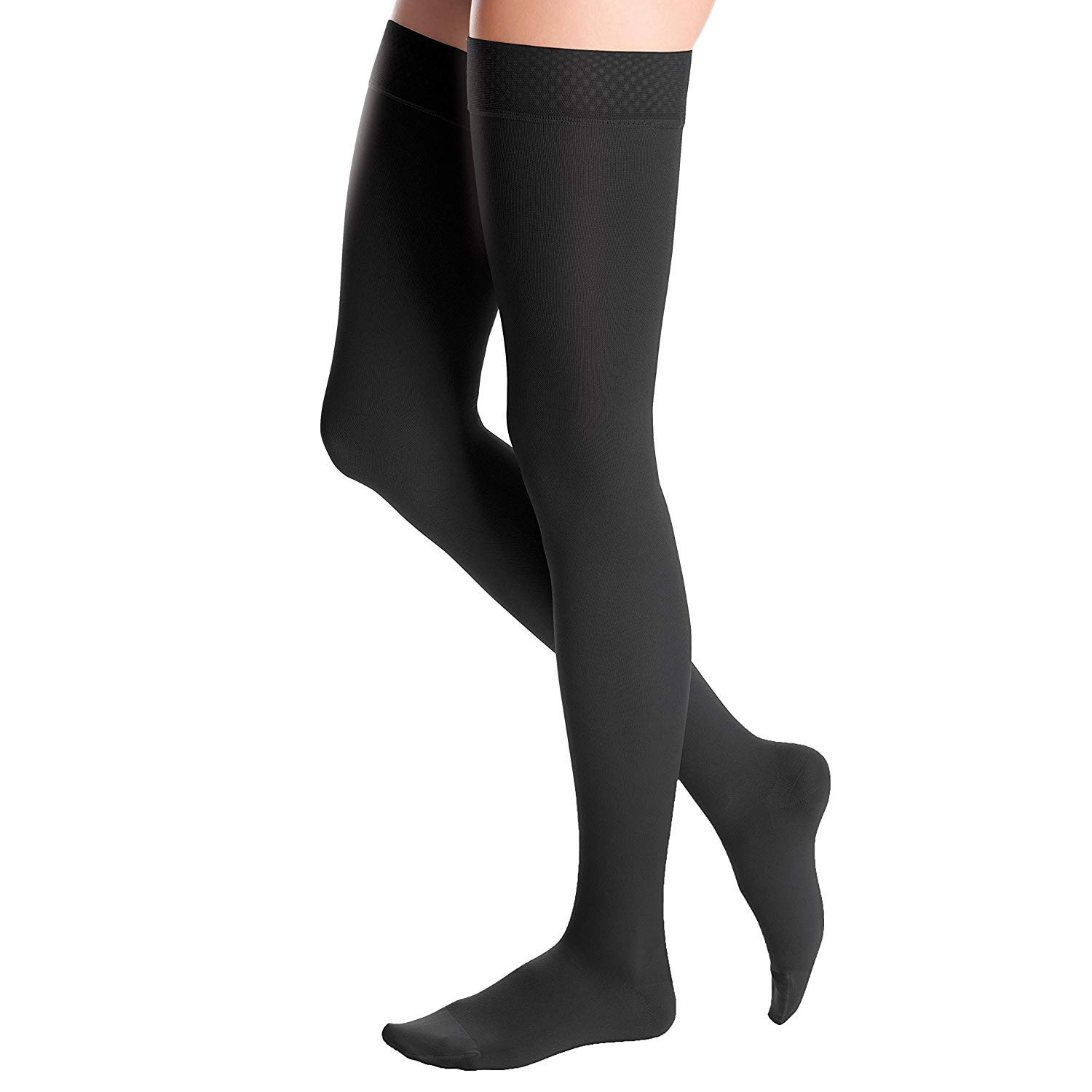 duomed Advantage Soft Opaque 20-30 mmHg Thigh High Closed Toe w/Top Band Compression Stockings, Almond, Small, Petite