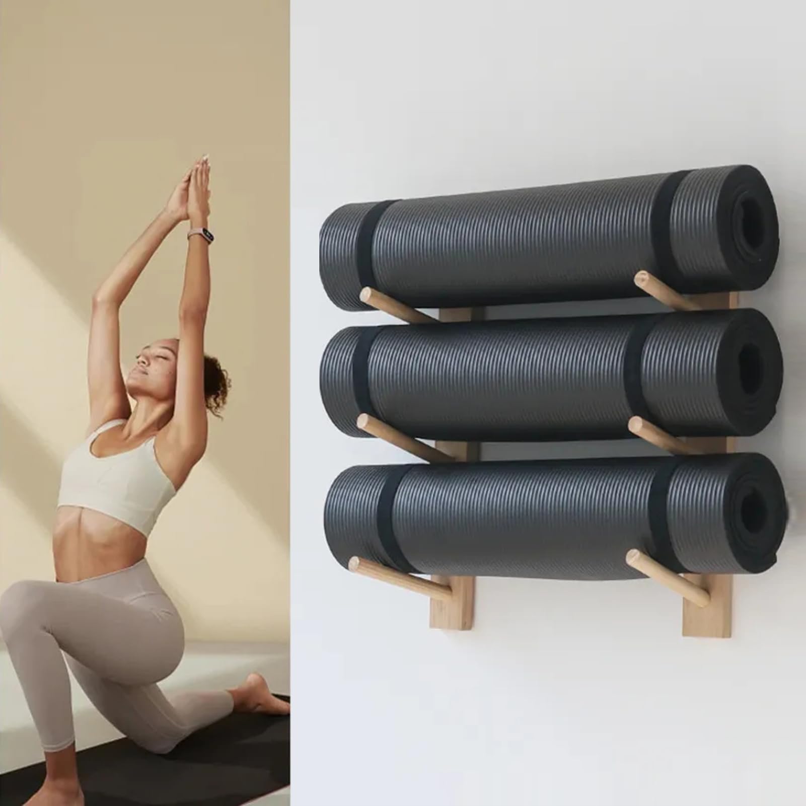 Support mural tapis de yoga en bois pour studio de pilates et fitness
