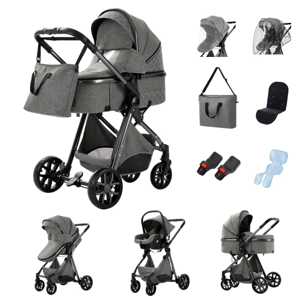 GLOKID passeggino trio 3 in 1, pieghevole, carrozzina reversibile fronte mamma e strada, sistema modulare con carrozzina per neonati, con borsa, zanzariera e parapioggia (PTV9 Grigio scuro)