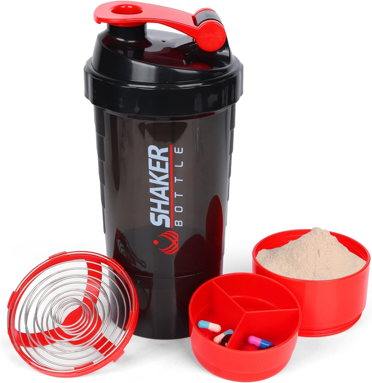 Shaker Bottle, JOZUTTOW Protein Shaker Bottles with Mix Ball Portable Sports Water Bottle Leak Proof GYM Cup for Protein Mixes with Powder Storage & Pill Organizer, Idea for Pre Workout (Black&Red)