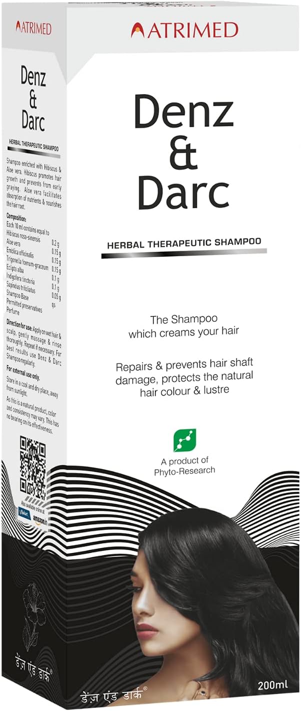 Atrimed Denz & Darc Herbal Therapeutic Shampoo for Healthy Hair | Natural Hair Colour Protection with Hibiscus & Aloe Vera | 200ml | Pack of 1