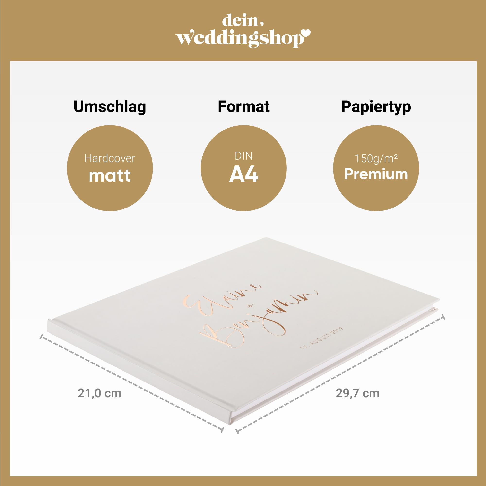 Deluxe Hochzeitsgästebuch | Gästebuch zur Hochzeit personalisiert | Veredelung in Gold, Rosé-Gold, Silber oder Kupfer | A4 quer | Beige, Inhalt blanko - weiße Seiten