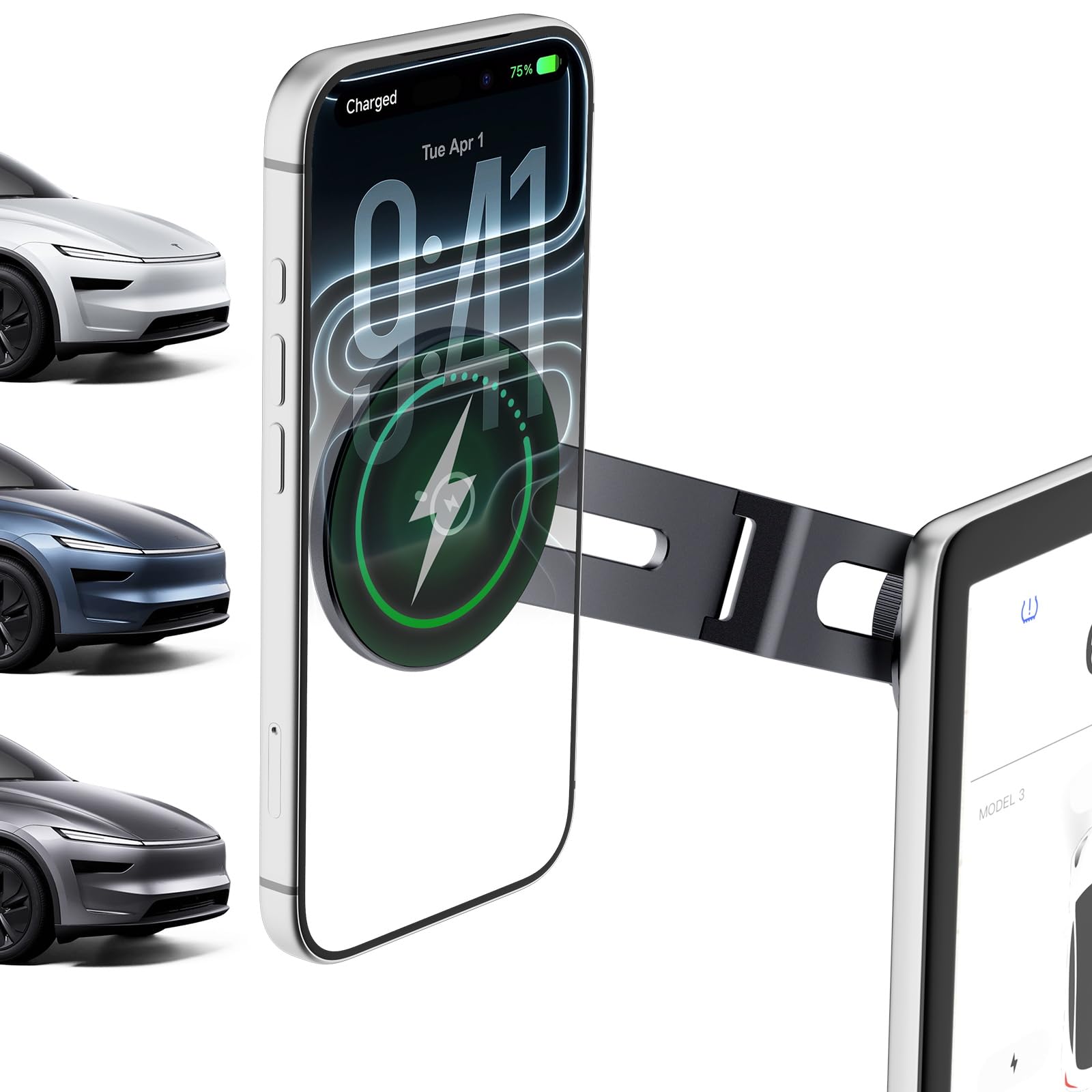CloudValley Support Magnétique Téléphone Voiture 15W Charge Intégrée, Rotation 360°, Structure Pliable Extensible Dissimulée | Accessoires Compatible Tesla Model 3/Y/Juniper/Cybertruck