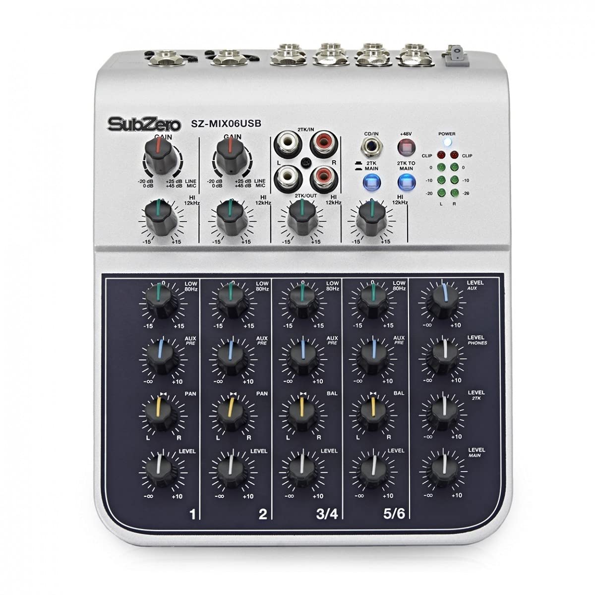 SubZero 6-Kanal-USB-Soundboard-Mischpult-Audiointerface SZ-MIX06USB | Hochwertige Vorverstärker mit Phantomspeisung, 2-Band-EQ zur Klangformung, USB-Schnittstelle für Aufnahmen