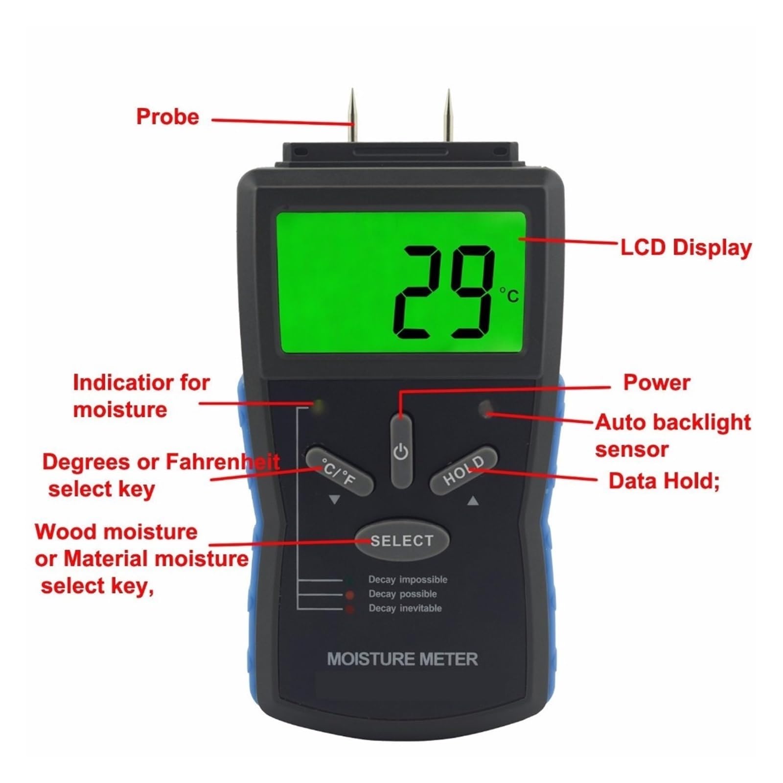 Miernik wilgotności, Miernik wilgotności drewna miernik LCD cyfrowy Tester detektor wilgoci w drewnie analizator 883C