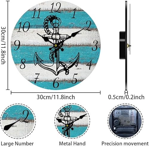 Miniatura 9 de CHGCRAFT Reloj de pared vintage de gallo de 12 pulgadas, reloj de pared de madera silencioso, reloj de pared digital redondo, funciona con pilas,