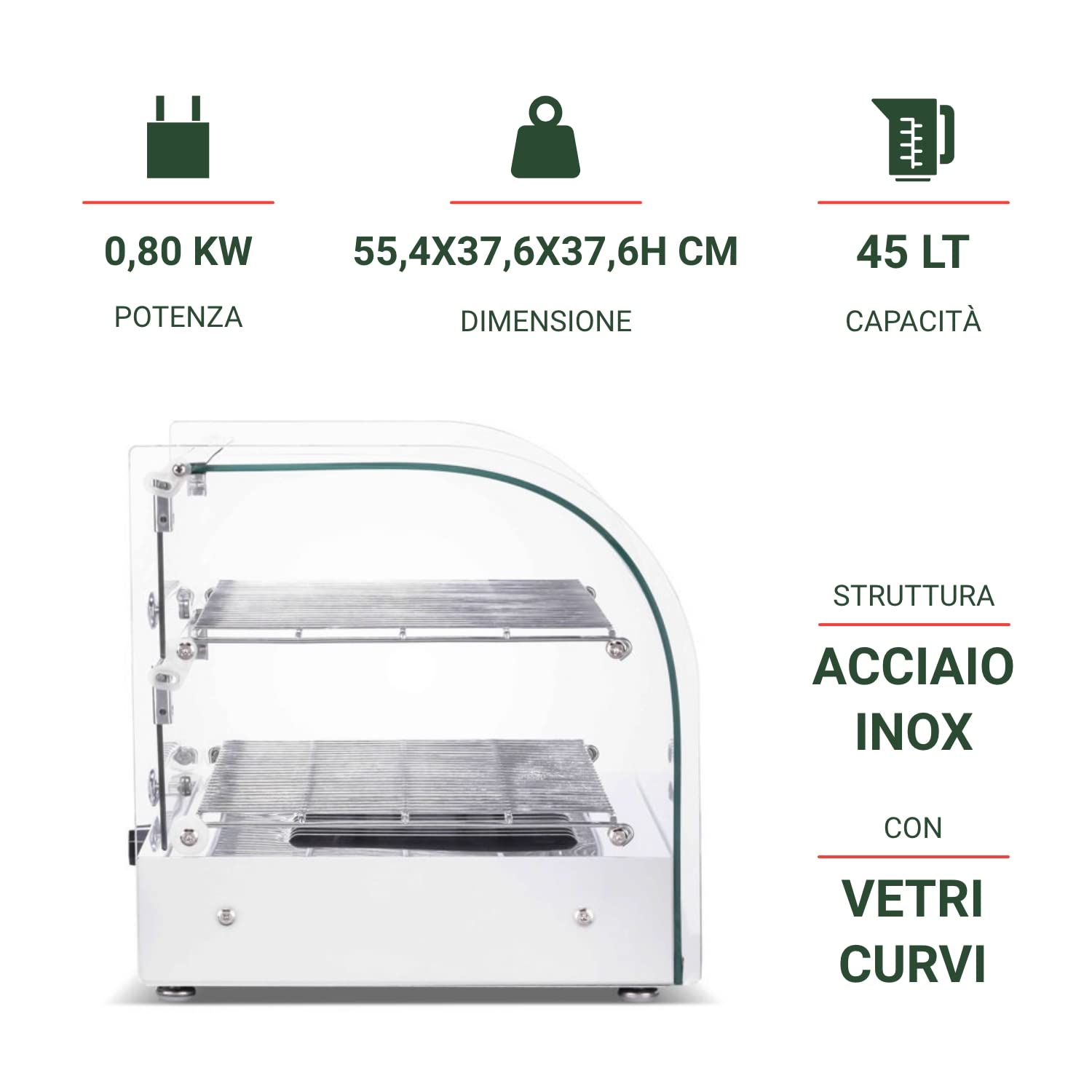 Ristoattrezzature Espositore Caldo da Banco - Vetri curvi - 2 porte - 55,4x37,6x37,6h cm - Capacità 45 litri - Temperatura da +30 a +90°C