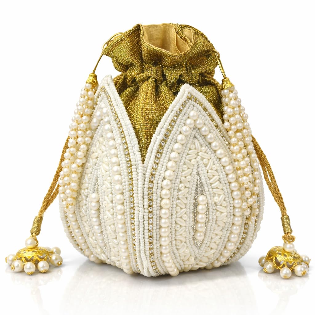 Lotus Pearl Potli Purse for Women, Bridal Ethnic Batua Bag, Off White Gold Beaded Drawstring Handbag, Indian Potli Purse, Fancy Wedding Accessory, Small Hand Made in India-image-4