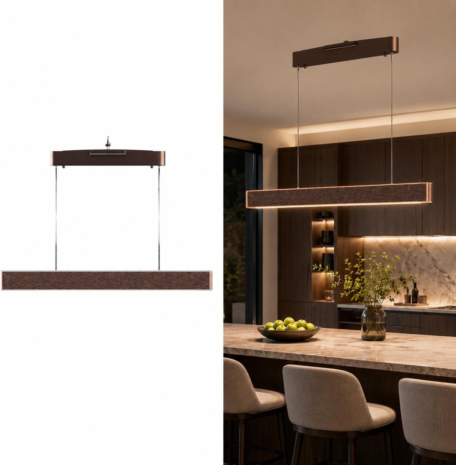 LEDMyplace 52W LED Dimmable Linear Pendant Light, Dining Room Light Fixtures Kitchen Island, 3000K Warm White, 2600 Lumens, Modern Ceiling Brown Hanging Lamp for Entryway, Living Room, Bedroom